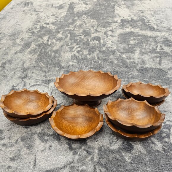 Vintage Woodcraftery wooden bowl set 1 large 7 small scalloped edges MCM - Picture 11 of 15